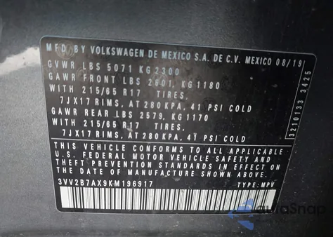 2019 Volkswagen Tiguan 2.0T Se/2.0T Sel/2.0T Sel R-Line/2.0T Sel R-Line Black из США, поврежденный, VIN 3VV2B7AX9KM196917